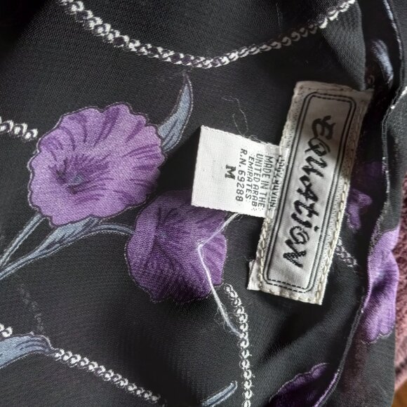 VINTAGE 90s Y2K EQUATION BLACK PURPLE CHIFFON BABYDOLL FLORAL DRESS NOS M - Picture 9 of 9